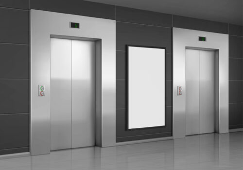 realistic elevators with close door and ad poster